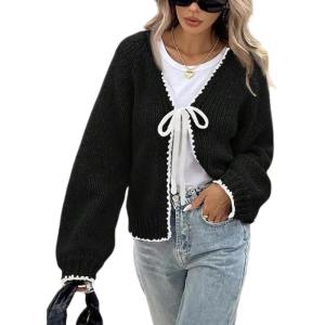 imagechouyatou Womens Bow Tie Front Cardigan Sweaters Fall Winter Long Sleeve Open Front Chunky Sweater CoatsBlack