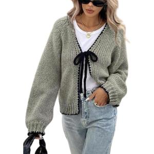imagechouyatou Womens Bow Tie Front Cardigan Sweaters Fall Winter Long Sleeve Open Front Chunky Sweater CoatsGreen Grey