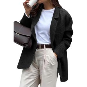 imagechouyatou Womens Business Casual Wool Coat Button Down Suit Top Notch Lapel Dressy Blazer Jacket CoatBlack