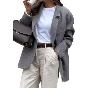 imagechouyatou Womens Business Casual Wool Coat Button Down Suit Top Notch Lapel Dressy Blazer Jacket CoatGrey