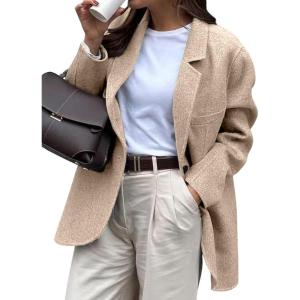 imagechouyatou Womens Business Casual Wool Coat Button Down Suit Top Notch Lapel Dressy Blazer Jacket CoatKhaki