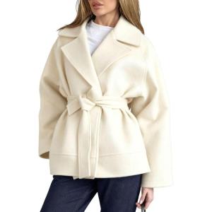 imagechouyatou Womens Business Casual Wool Coat Suit Top Loose Dressy Blazer Jacket Trench Coat with BeltBeige