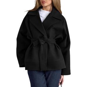 imagechouyatou Womens Business Casual Wool Coat Suit Top Loose Dressy Blazer Jacket Trench Coat with BeltBlack