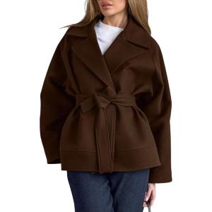imagechouyatou Womens Business Casual Wool Coat Suit Top Loose Dressy Blazer Jacket Trench Coat with BeltBrown