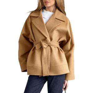imagechouyatou Womens Business Casual Wool Coat Suit Top Loose Dressy Blazer Jacket Trench Coat with BeltCamel