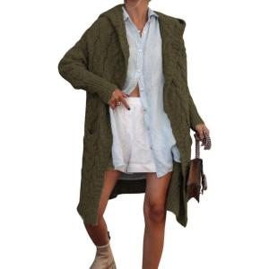 imagechouyatou Womens Cable Knit Hooded Long Cardigans Open Front Slouchy Cardigan Sweater Trench Coat Jacket with PocketsArmy Green