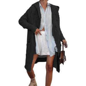 imagechouyatou Womens Cable Knit Hooded Long Cardigans Open Front Slouchy Cardigan Sweater Trench Coat Jacket with PocketsBlack