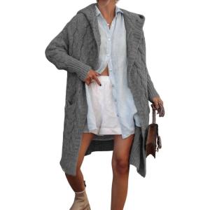 imagechouyatou Womens Cable Knit Hooded Long Cardigans Open Front Slouchy Cardigan Sweater Trench Coat Jacket with PocketsDark Gray