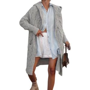 imagechouyatou Womens Cable Knit Hooded Long Cardigans Open Front Slouchy Cardigan Sweater Trench Coat Jacket with PocketsLight Gray