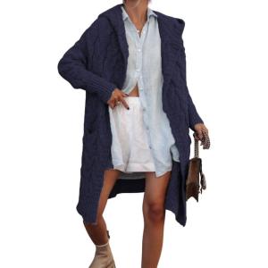 imagechouyatou Womens Cable Knit Hooded Long Cardigans Open Front Slouchy Cardigan Sweater Trench Coat Jacket with PocketsNavy Blue