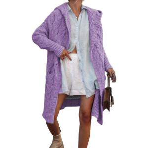 imagechouyatou Womens Cable Knit Hooded Long Cardigans Open Front Slouchy Cardigan Sweater Trench Coat Jacket with PocketsPurple