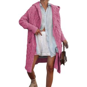 imagechouyatou Womens Cable Knit Hooded Long Cardigans Open Front Slouchy Cardigan Sweater Trench Coat Jacket with PocketsRose Red