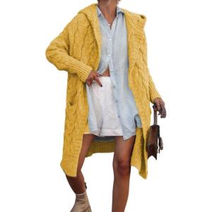 imagechouyatou Womens Cable Knit Hooded Long Cardigans Open Front Slouchy Cardigan Sweater Trench Coat Jacket with PocketsYellow