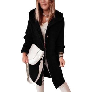 imagechouyatou Womens Casual Hooded Chunky Cardigans Slouchy Oversize Knitted Mid Long Cardigan Sweater Outerwear JacketBlack