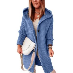 imagechouyatou Womens Casual Hooded Chunky Cardigans Slouchy Oversize Knitted Mid Long Cardigan Sweater Outerwear JacketBlue