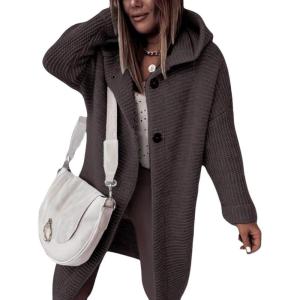 imagechouyatou Womens Casual Hooded Chunky Cardigans Slouchy Oversize Knitted Mid Long Cardigan Sweater Outerwear JacketCoffee