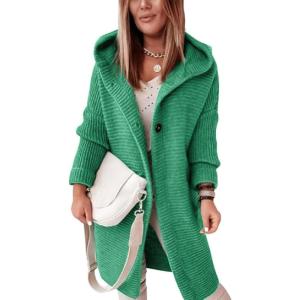 imagechouyatou Womens Casual Hooded Chunky Cardigans Slouchy Oversize Knitted Mid Long Cardigan Sweater Outerwear JacketGrass Green