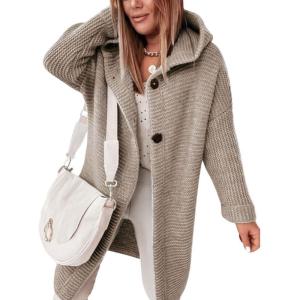 imagechouyatou Womens Casual Hooded Chunky Cardigans Slouchy Oversize Knitted Mid Long Cardigan Sweater Outerwear JacketKhaki