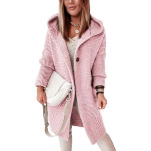 imagechouyatou Womens Casual Hooded Chunky Cardigans Slouchy Oversize Knitted Mid Long Cardigan Sweater Outerwear JacketPink