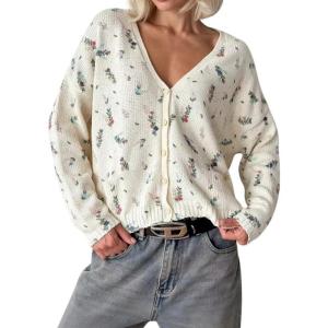 imagechouyatou Womens Cute Ditsy Floral Embroidered Cardigan Sweater VNeck Button Down Knit Jacket TopsBeige