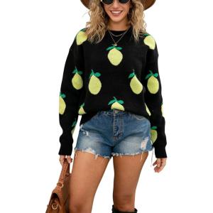 imagechouyatou Womens Cute Lemon Color Block Sweaters Long Sleeve Pullover Sweater Knit Jumper TopsBlack