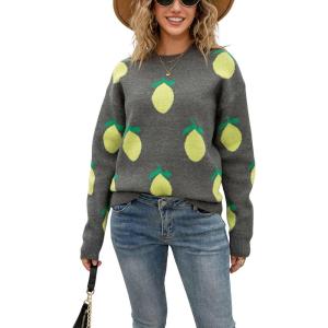 imagechouyatou Womens Cute Lemon Color Block Sweaters Long Sleeve Pullover Sweater Knit Jumper TopsDark Gray