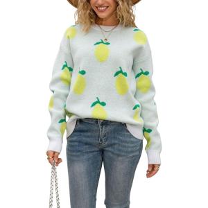 imagechouyatou Womens Cute Lemon Color Block Sweaters Long Sleeve Pullover Sweater Knit Jumper TopsWhite