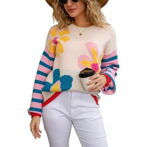 imagechouyatou Womens Daisy Floral Pullover Sweaters Color Block Striped Long Sleeve Sweater Jumper TopsApricot