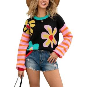 imagechouyatou Womens Daisy Floral Pullover Sweaters Color Block Striped Long Sleeve Sweater Jumper TopsBlack