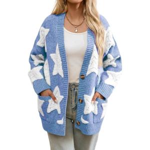 imagechouyatou Womens Fall 2025 Star Fleece Patchwork Cardigan Button Down Jacquard Chunky Knitted Sweater CoatiganBlue