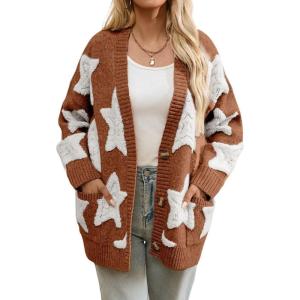 imagechouyatou Womens Fall 2025 Star Fleece Patchwork Cardigan Button Down Jacquard Chunky Knitted Sweater CoatiganBrown