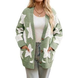 imagechouyatou Womens Fall 2025 Star Fleece Patchwork Cardigan Button Down Jacquard Chunky Knitted Sweater CoatiganGreen