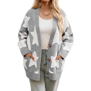 imagechouyatou Womens Fall 2025 Star Fleece Patchwork Cardigan Button Down Jacquard Chunky Knitted Sweater CoatiganGrey