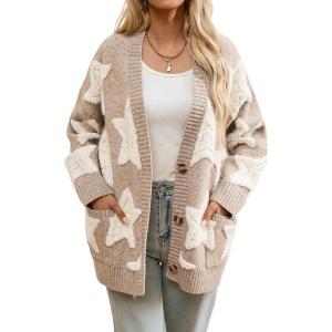 imagechouyatou Womens Fall 2025 Star Fleece Patchwork Cardigan Button Down Jacquard Chunky Knitted Sweater CoatiganKhaki
