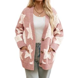 imagechouyatou Womens Fall 2025 Star Fleece Patchwork Cardigan Button Down Jacquard Chunky Knitted Sweater CoatiganPink