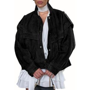 imagechouyatou Womens Fall Boyfriend Faux Suede Leather Jacket Oversized Business Casual Button Down CoatBlack