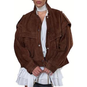 imagechouyatou Womens Fall Boyfriend Faux Suede Leather Jacket Oversized Business Casual Button Down CoatBrown