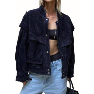 imagechouyatou Womens Fall Boyfriend Faux Suede Leather Jacket Oversized Business Casual Button Down CoatNavy Blue