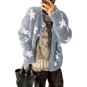 imagechouyatou Womens Fall Cute Star Cardigan Sweater Casual Loose Button Down Preppy Furry Jacquard Knit Cardigan TopsLight Grey