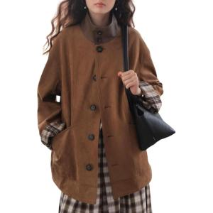 imagechouyatou Womens Fall Reversible Faux Suede Leather Shacket Jacket Stand Collar Plaid Coat OuterwearBrown