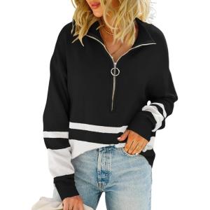 imagechouyatou Womens Fall Slouchy 12 Zip Up Knit Sweater Polo Collared Striped Shirt Sweater Pullover TopBlack