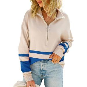 imagechouyatou Womens Fall Slouchy 12 Zip Up Knit Sweater Polo Collared Striped Shirt Sweater Pullover TopBlue