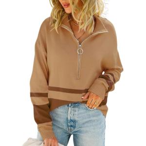 imagechouyatou Womens Fall Slouchy 12 Zip Up Knit Sweater Polo Collared Striped Shirt Sweater Pullover TopBrown
