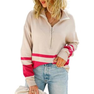 imagechouyatou Womens Fall Slouchy 12 Zip Up Knit Sweater Polo Collared Striped Shirt Sweater Pullover TopDark Pink