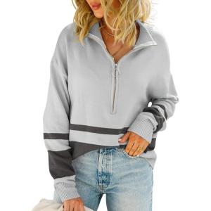 imagechouyatou Womens Fall Slouchy 12 Zip Up Knit Sweater Polo Collared Striped Shirt Sweater Pullover TopGrey