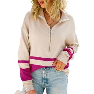 imagechouyatou Womens Fall Slouchy 12 Zip Up Knit Sweater Polo Collared Striped Shirt Sweater Pullover TopPurple