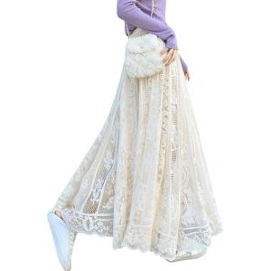 imagechouyatou Womens Lace Crochet Eyelet Dress Patterned Ruffle Flared Elastic Waist Flowy A Line Midi SkirtBeige