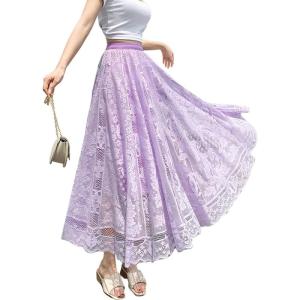 imagechouyatou Womens Lace Crochet Eyelet Dress Patterned Ruffle Flared Elastic Waist Flowy A Line Midi SkirtPurple