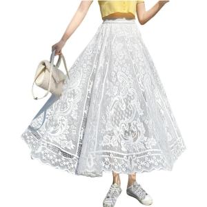 imagechouyatou Womens Lace Crochet Eyelet Dress Patterned Ruffle Flared Elastic Waist Flowy A Line Midi SkirtWhite