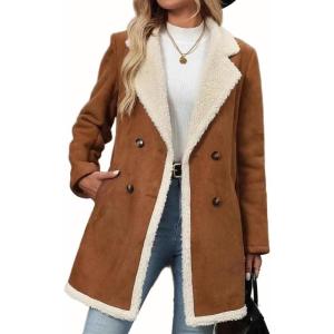 imagechouyatou Womens Notch Collar Sherpa Lined Faux Suede Leather Jacket Business Casual Dressy Winter CoatBrown